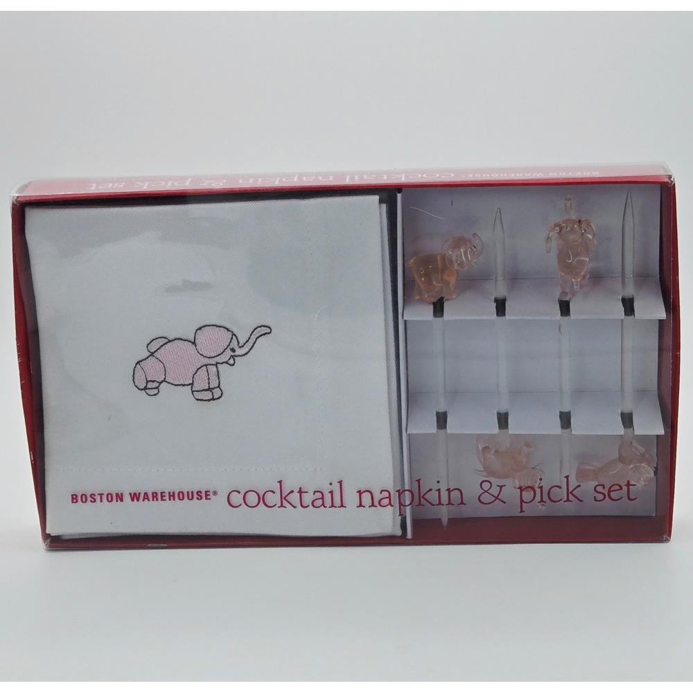Boston Warehouse Pink Elephants Cocktail Napkin & Pick Set 26301 Vintage 2003
